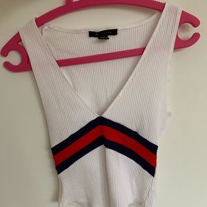 red blue and white body suit